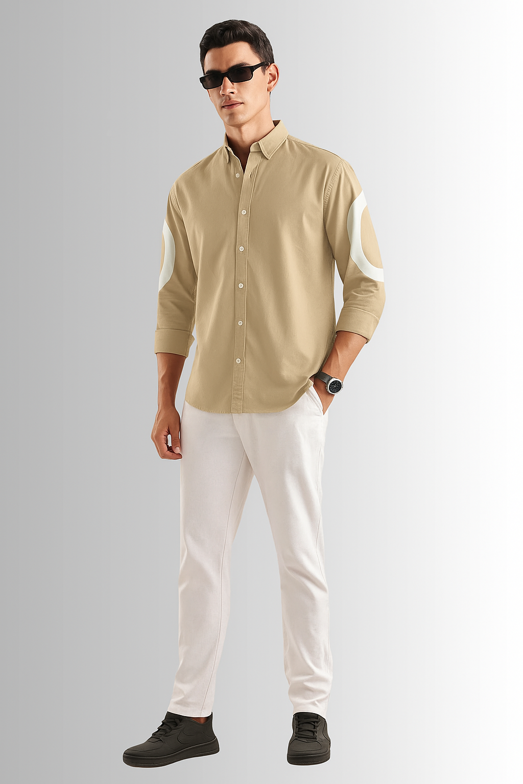Playwook Beige Cut-Paste Cotton Shirt for Men – Stylish, Minimal & Comfortable