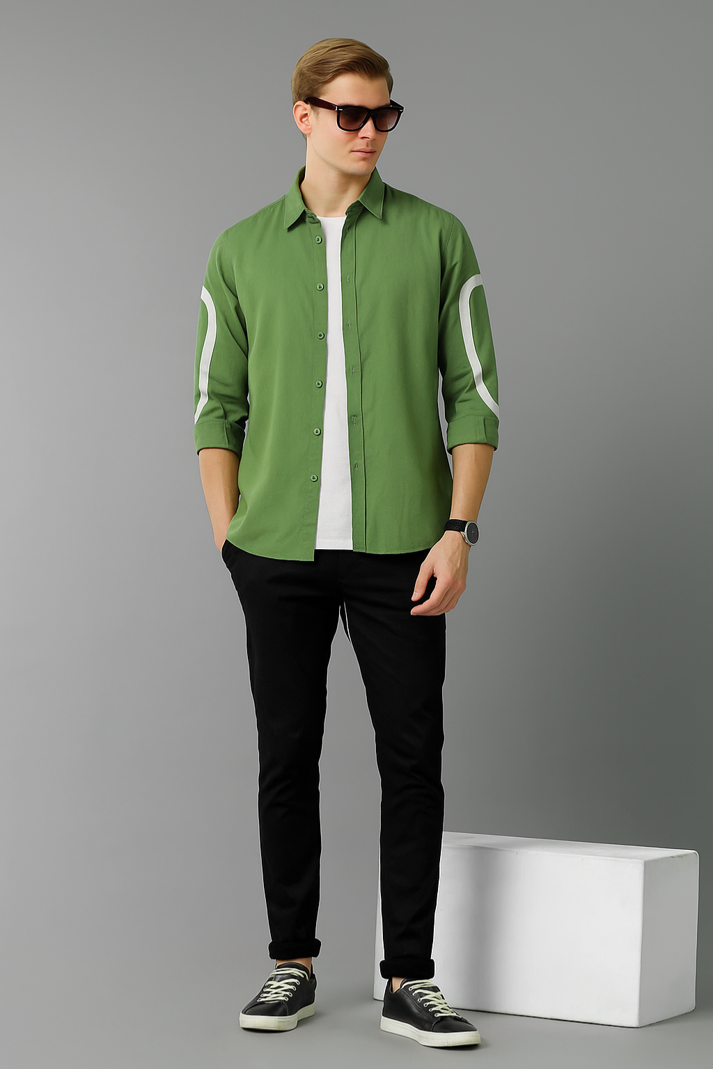 Playwook Olive Green Cut-Paste Cotton Shirt for Men | Modern Style