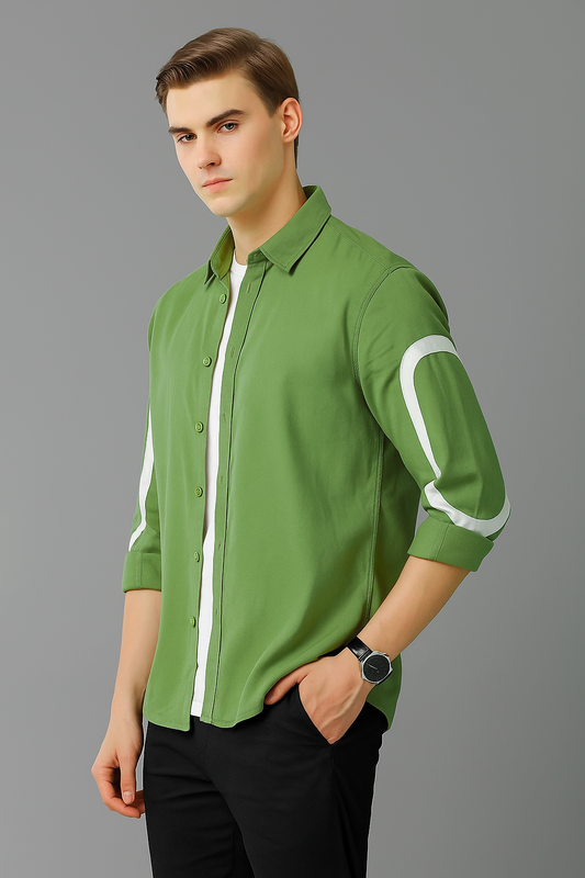 Playwook Olive Green Cut-Paste Cotton Shirt for Men | Modern Style