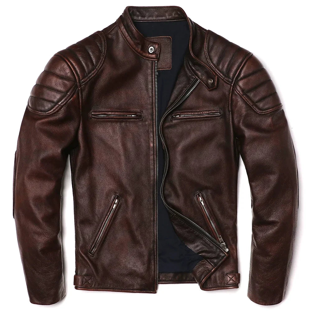 Playwook Men's Vintage Brown Genuine Leather Biker Jacket