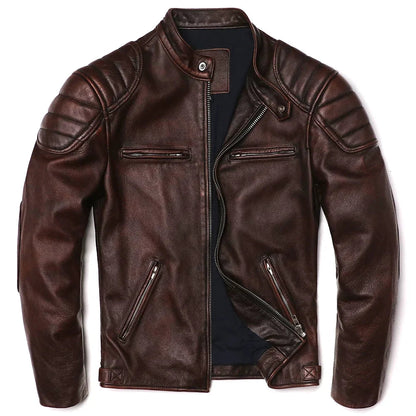 Playwook Men's Vintage Brown Genuine Leather Biker Jacket