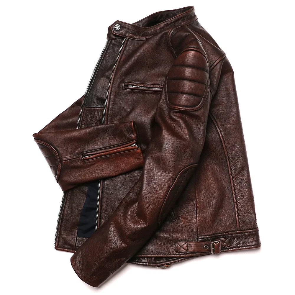 Playwook Men's Vintage Brown Genuine Leather Biker Jacket