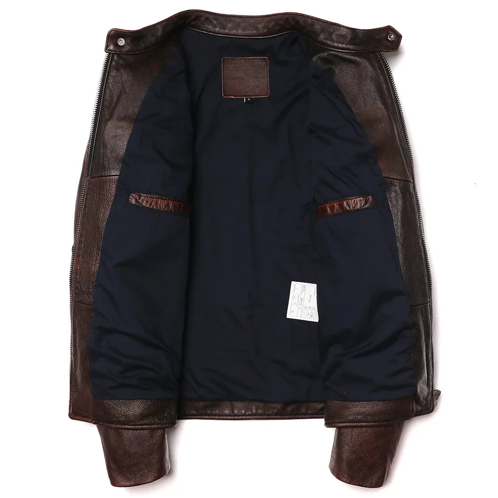 Playwook Men's Vintage Brown Genuine Leather Biker Jacket