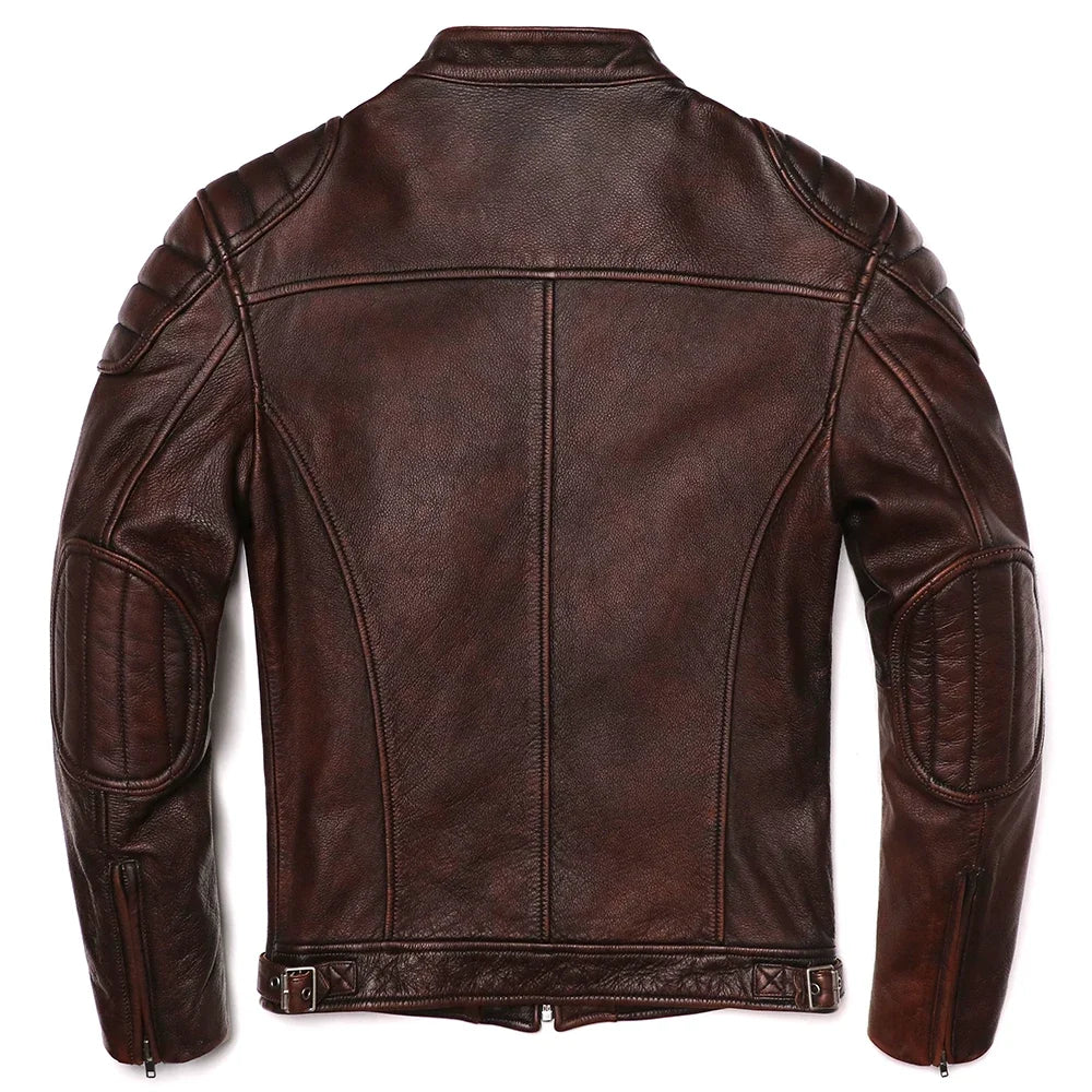 Playwook Men's Vintage Brown Genuine Leather Biker Jacket